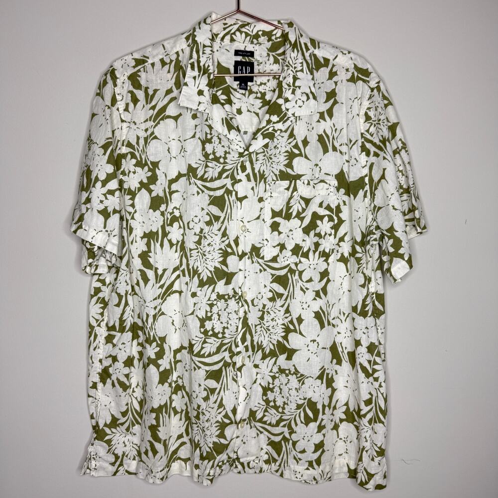 GAP Mens Linen Shirt XL Green Short Sleeve Pocket Camp Leisure Coastal Preppy - Picture 2 of 7